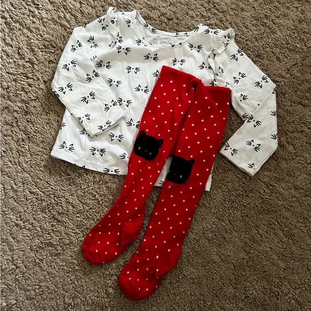 Gymboree Red Polka Dotted Cat Leggings and T-shirt Size 12-18 Months